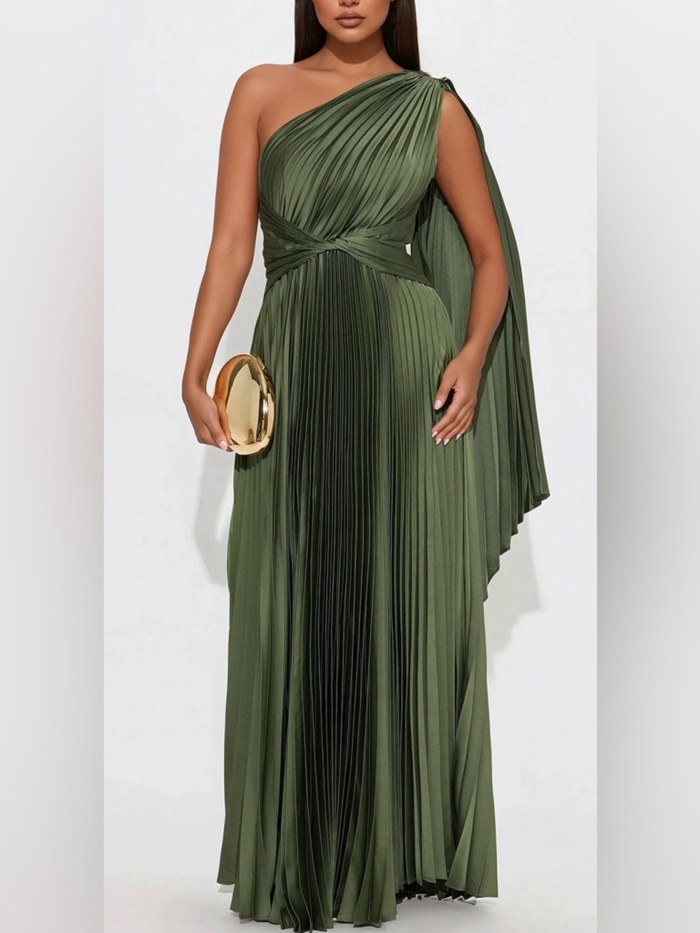 Olive One-Shoulder Pleated Gown - Picture 2 of 4